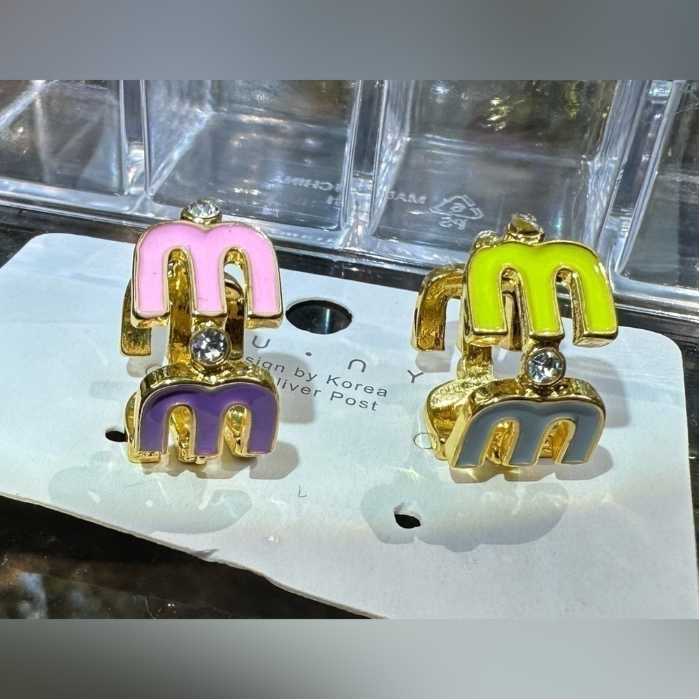 18K Gold Plated “M” Multicolor Huggie Hoop Earrings with Diamond Accent